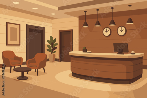 Modern hotel lobby reception area vector. Contemporary interior design with front desk, lounge chairs, elevator, potted plant, pendant lights, wall clocks. Inviting hospitality illustration