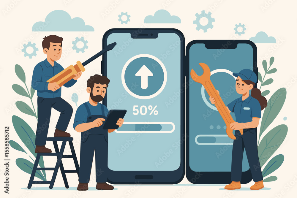 Fototapeta premium Cartoon technicians updating mobile device software. Teamwork in system maintenance, app development, troubleshooting, digital repair. Smartphone upgrade, technology support, vector illustration