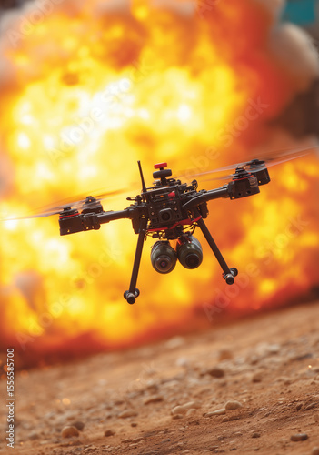 A small attack drone is hovering in front of a massive explosion on the battlefield. It is carrying more explosive charges ready to be deployed.