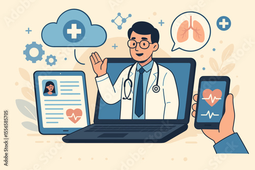Telemedicine concept doctor online consultation, cloud-based medical records, remote diagnosis, digital health technology, patient monitoring, mobile app, vector cartoon illustration