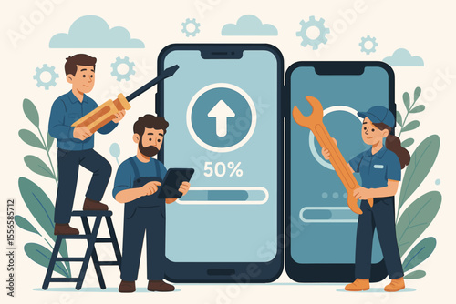 Cartoon technicians updating mobile device software. Teamwork in system maintenance, app development, troubleshooting, digital repair. Smartphone upgrade, technology support, vector illustration