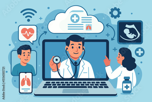 Telemedicine digital healthcare concept. Remote doctor consultation, online medical diagnosis, cloud-based health records, virtual patient monitoring, telehealth technology, mobile health services