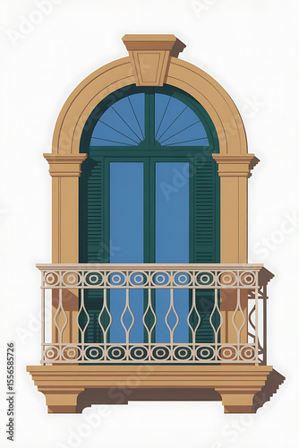 Ornate arched window with a balcony and green shutters.
