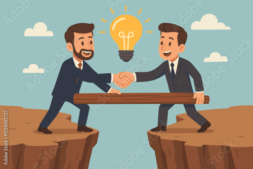 Businessmen Handshake Bridge Concept, Partnership Collaboration, Problem Solving, Idea Generation, Teamwork Success, Gap Bridging, Solution Agreement, Vector Cartoon Illustration