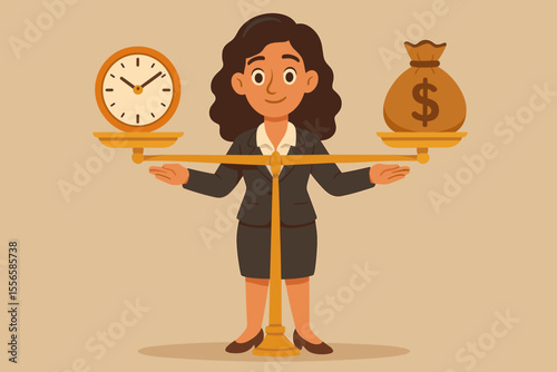 Businesswoman balancing time and money on scales. Work life balance, time management, financial reward, career choice, salary negotiation, decision making, professional priorities concept vector