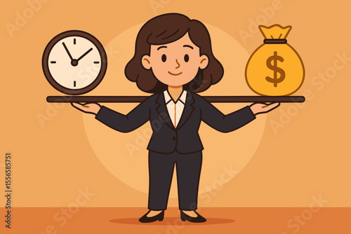 Businesswoman Balancing Time and Money Concept. Female Manager Holding Clock and Money Bag. Work Life Balance, Financial Reward, Salary, Time Management, Career Success Vector Illustration