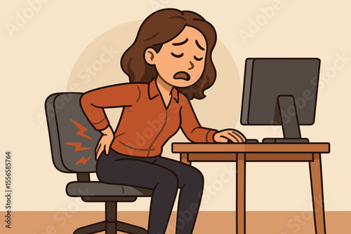 Office worker woman suffering lower back pain sitting in chair at desk. Bad posture, ergonomic problem, workplace discomfort, spinal health, occupational hazard. Vector cartoon illustration.
