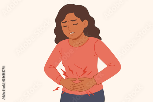 Woman suffering abdominal pain holding stomach. Menstrual cramps, period pain, stomach ache, digestive discomfort, endometriosis concept. Female health, PMS, gynecology, vector illustration.