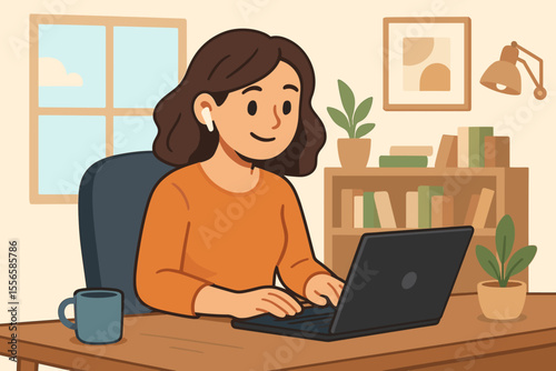 Woman working remotely on laptop in cozy home office, modern workspace interior, bookshelf, plants, coffee mug, wireless earbuds, productivity, cartoon vector illustration, freelance lifestyle