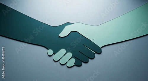 Stylized teal and green paper hands clasped in handshake, on textured gray background, symbolizing partnership, agreement, collaboration, teamwork