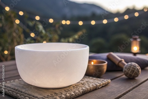 White crystal singing bowl and meditation tools on a wooden table with string lights in background
