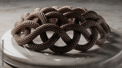 Intricate, interwoven bronze rings form a complex, circular design.
