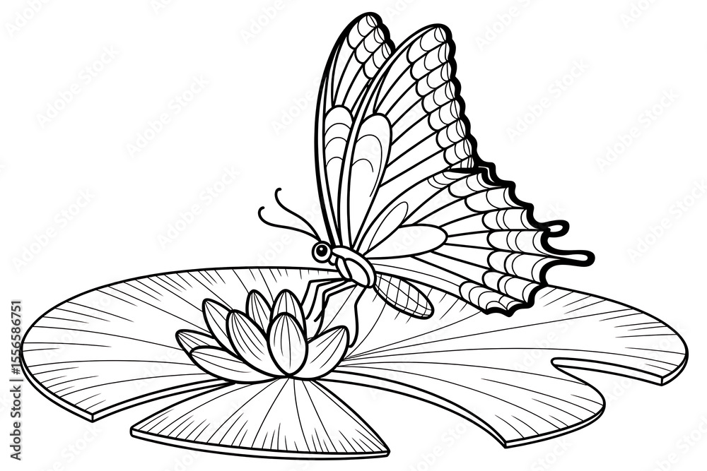 Fototapeta premium Butterfly rests on a lily pad. 