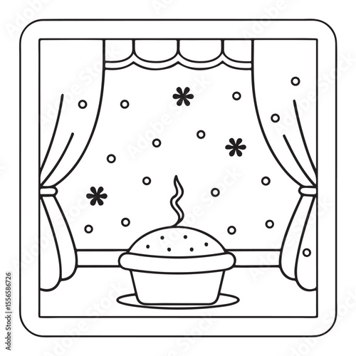 Cozy Winter Fireplace Scene with Cat and Cocoa – Bold Line Coloring Page, bold lines Coloring Page, cozy winter  Coloring Page, fireplace Coloring Page, cat, hot cocoa, illustration Coloring  page