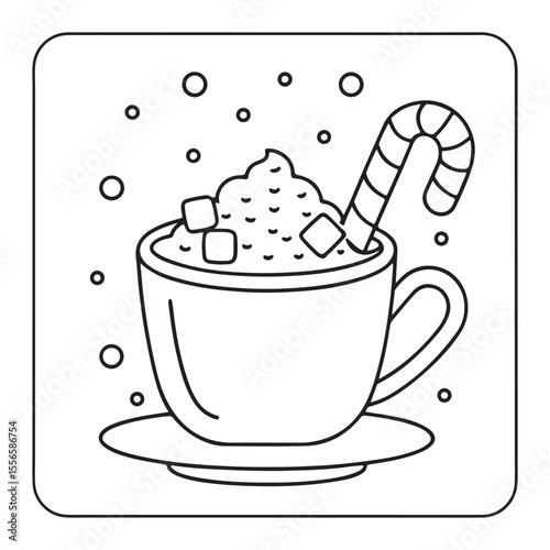 Cozy Winter Fireplace Scene with Cat and Cocoa – Bold Line Coloring Page, bold lines Coloring Page, cozy winter  Coloring Page, fireplace Coloring Page, cat, hot cocoa, illustration Coloring  page