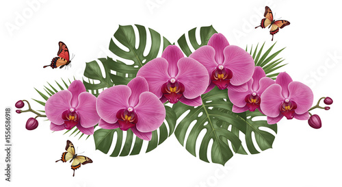 Tropical floral arrangement pink orchids monstera leaves butterflies botanical illustration