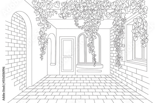 Interior courtyard, vines drape ceiling, brick walls, tiled floor.
