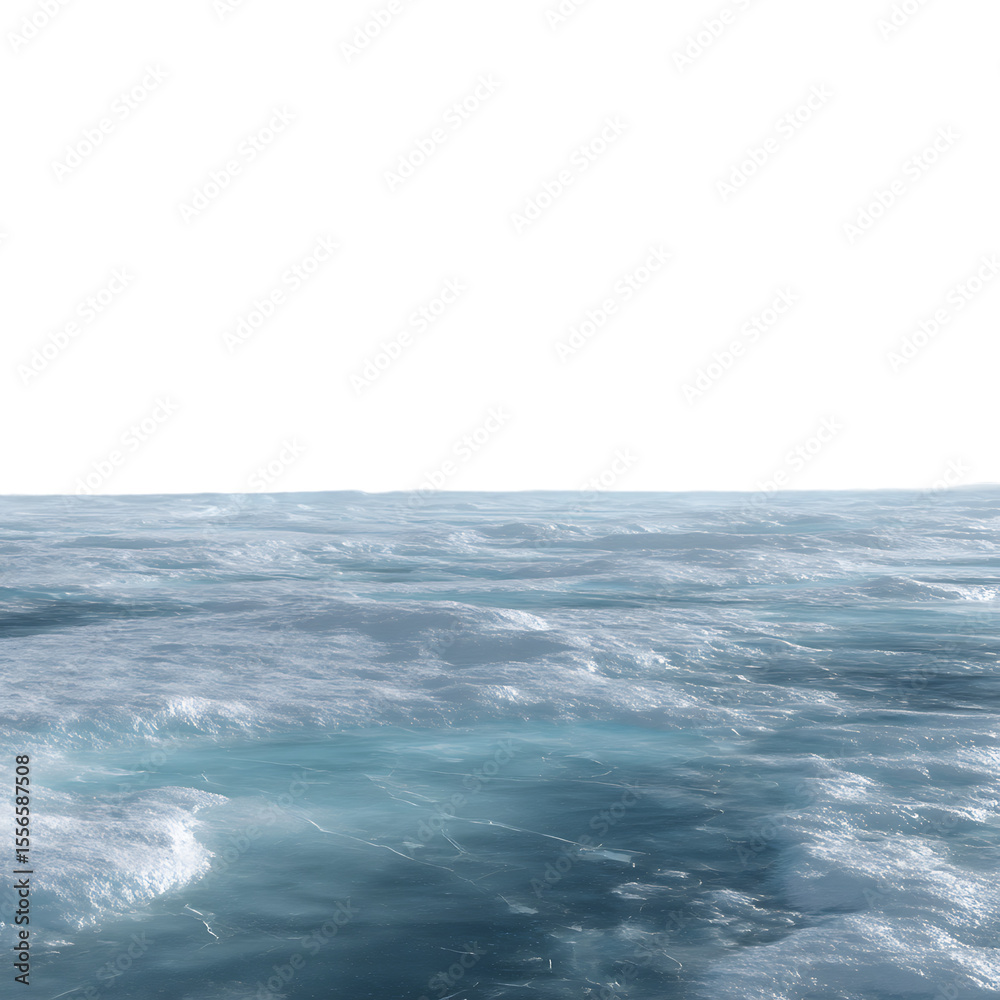 Fototapeta premium Dynamic turquoise and blue ocean water ripples create a turbulent surface below a vast, clear white sky.