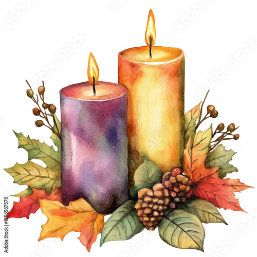 Thanksgiving Candles, watercolor drawing vector, isolated on a white background.