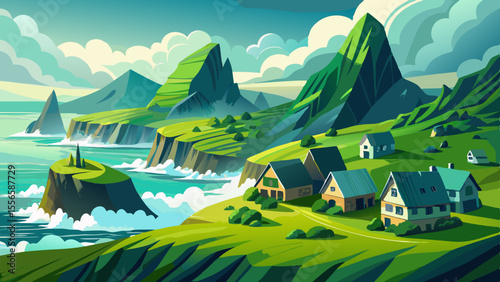 Velvety green hills roll toward dramatic ocean cliffs. Thatched cottages sit quietly under a blanket of fog as waves crash below.