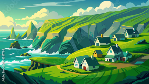 Velvety green hills roll toward dramatic ocean cliffs. Thatched cottages sit quietly under a blanket of fog as waves crash below.