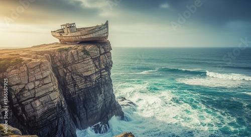 Dramatic Coastal Landscape with Shipwreck on Cliff Edge - Surreal Nature Scene