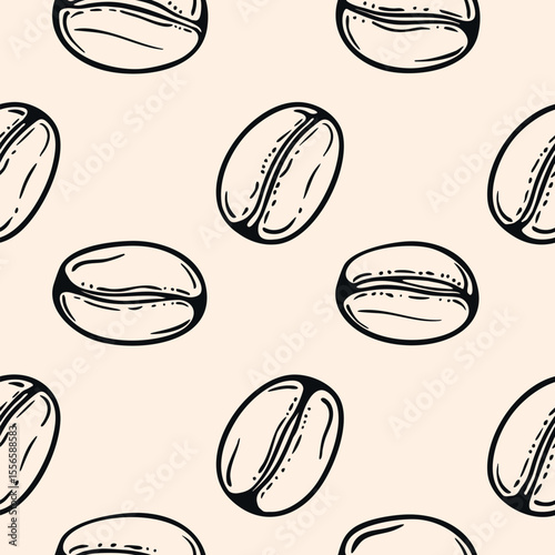 Hand-drawn coffee beans seamless pattern. Minimalist line art illustration with sketchy style coffee elements on white background. Modern repeated design for cafe decor, packaging, textile, print