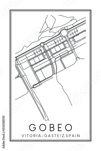 Hand drawn printable downtown road map poster of district GOBEO of the Spanish city of VITORIA-GASTEIZ on solid white background with city name