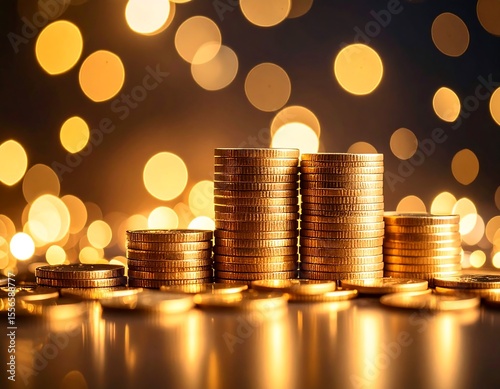 Golden coins stacked in rising columns against a blurred background of bokeh lights