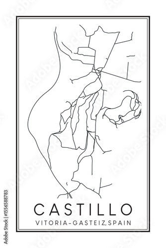 Hand drawn printable downtown road map poster of district CASTILLO - GAZTELU of the Spanish city of VITORIA-GASTEIZ on solid white background with city name