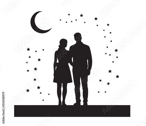 Romantic Rooftop Stargazing Couple Silhouette Bundle | Star Lovers Clipart | Moon Gazing Vector | Night Sky Couple Scene