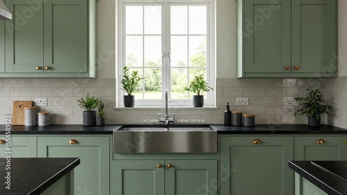 Interior of a modern kitchen with sink, window and green cabinetry.