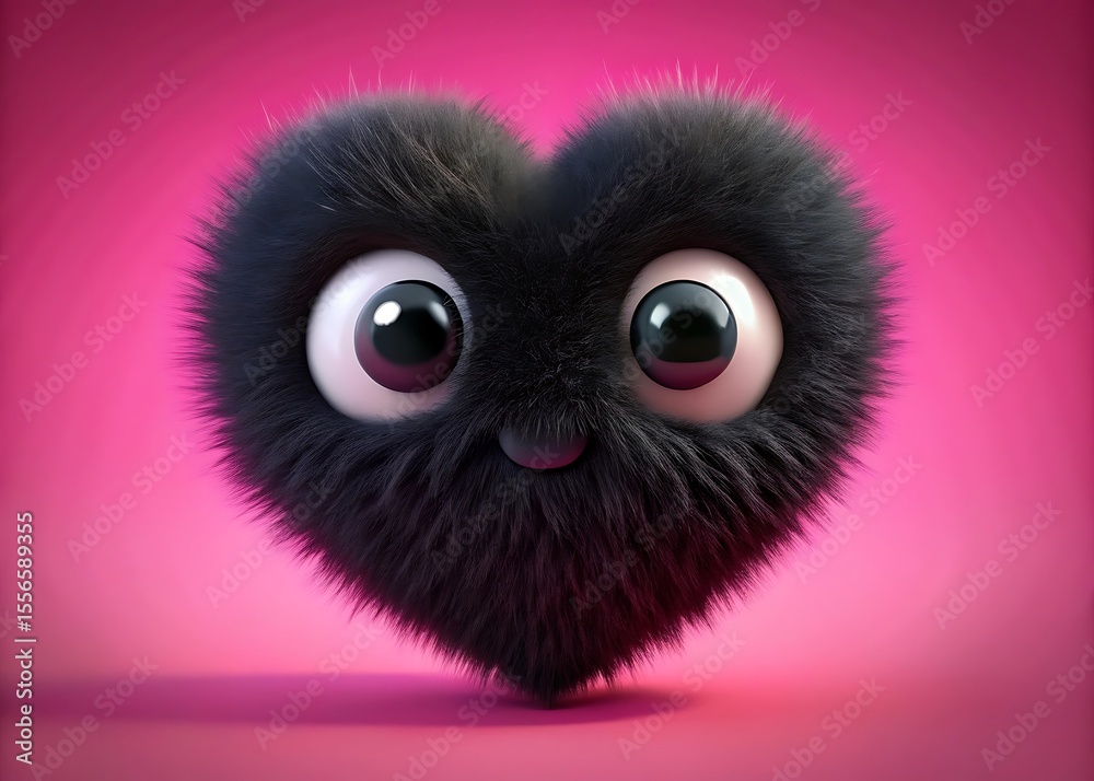 Fluffy black heart shaped creature with big eyes on pink background monster furry