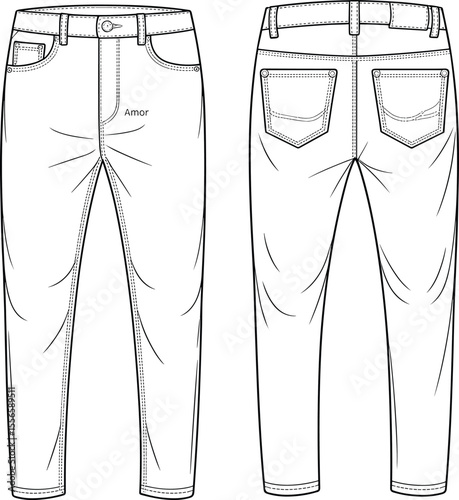 Men's Slim Fit Jeans Flat Sketch: Stylish Denim Apparel CAD Drawing with "Amor" Detail for Fashion Design and Production Resources.