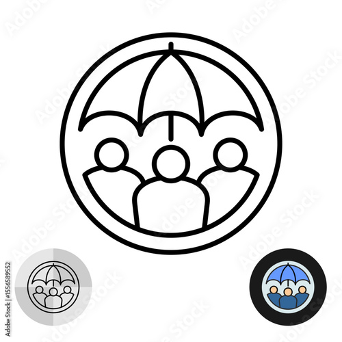 Three people under one umbrella insurance theme logo icon. Outline style round badge with team connected in protect circumstances. Editable stroke.