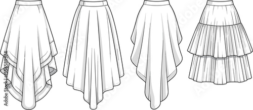 Women's Fashion Skirts Collection with Tiered and Draped Designs Flat Sketch CAD Drawing Vector Illustration, Apparel Template