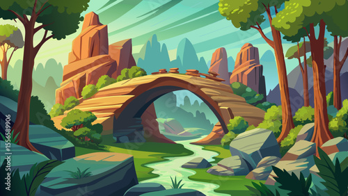 Striking sandstone rock formations rise through dense green forests. An arched stone bridge links them, creating a fairytale-like landscape.