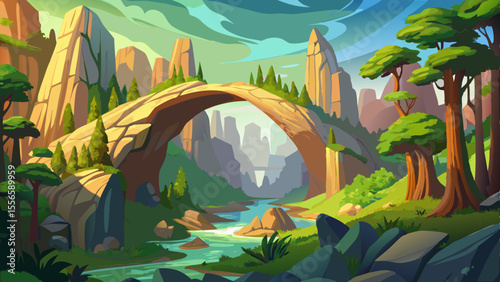 Striking sandstone rock formations rise through dense green forests. An arched stone bridge links them, creating a fairytale-like landscape.