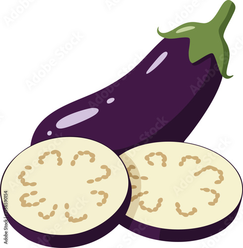 Eggplant vector with whole and sliced pieces fresh purple vegetable design for healthy food and cooking illustration
