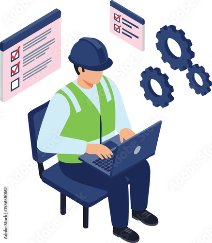 Construction worker wearing helmet and safety vest working on laptop with gears and checklist vector illustration in modern isometric style