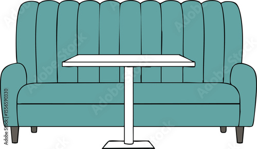 Teal booth seating with white table for restaurant or cafe interior design modern furniture vector illustration