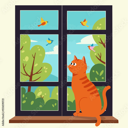 Orange cat sitting on window ledge and watching birds outside  