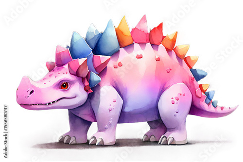 Cute watercolor pink dinosaur with colorful spikes on its back. Cartoon prehistoric animal for kid projects on transparent background.