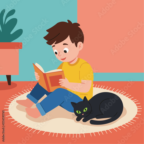 Boy reading book while sitting on carpet with black cat beside him  
