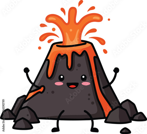 Happy cartoon volcano erupting with orange lava and black rocks vector illustration in playful style