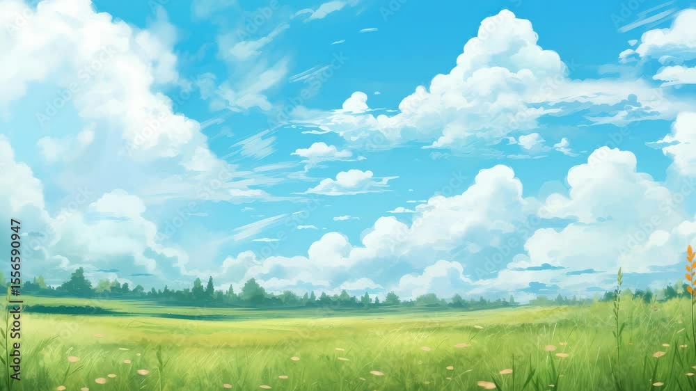 Wide-angle view of a serene, sunny meadow with fluffy clouds. Ideal for a calming video backdrop, capturing nature's tranquility and beauty. Live desktop wallpaper.