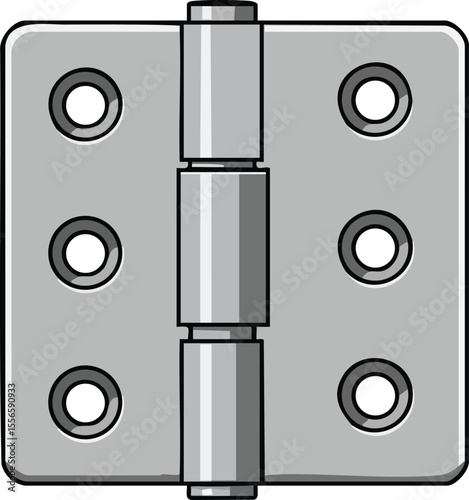 Metal door hinge with six screw holes simple mechanical hardware component vector illustration