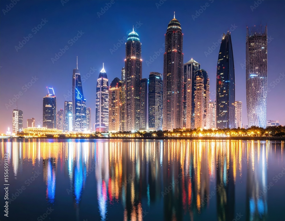 Obraz premium City skyline at night reflected in water