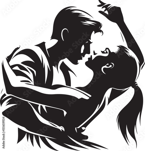  Illustration showcasing the silhouette of a couple in a sensual embrace, expressing love and intimacy. The black and white artwork highlights emotions of romance, unity, and connection