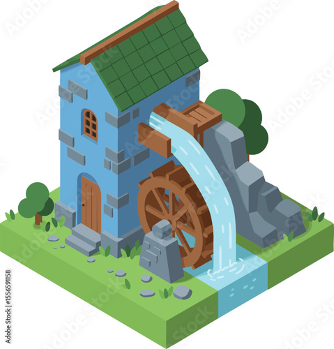 Watermill with flowing water and green roof in isometric vector design for rural landscapes and eco architecture concepts